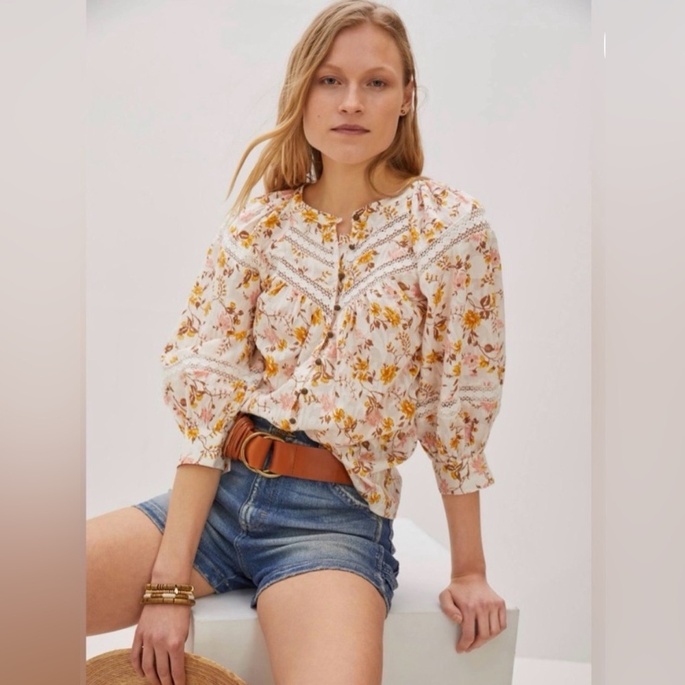 Anthropologie Harmony Lace Peasant Blouse, Neutral Motif, Size XS